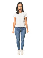 Obraz premium Full body shot of Latina in studio shouting very angry, rage concept, frustrated.