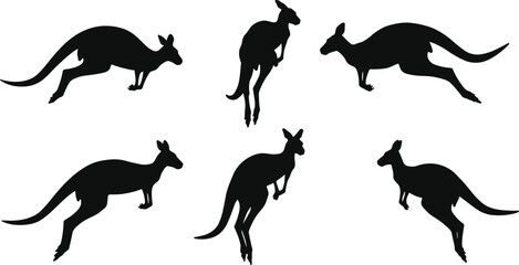 Kangaroo silhouette, jumping kangaroo, wildlife icon, animal motion, black kangaroo shape, marsupial pose, nature symbol, isolated kangaroo, vector animal, dynamic leap