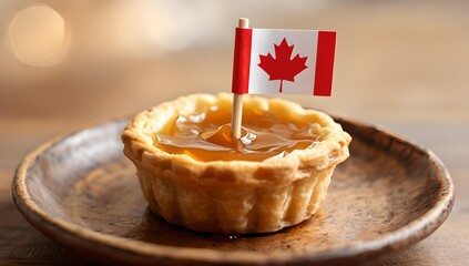 Canadian butter tart dessert with maple syrup filling and Canadian flag on rustic wooden plate, traditional Canadian sweet pastry close up for national food and culture concept