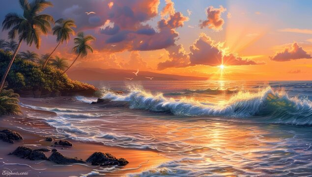 Vibrant sunset over a tropical beach, with waves crashing on the shore and palm trees silhouetted against the fiery sky - Powered by Adobe