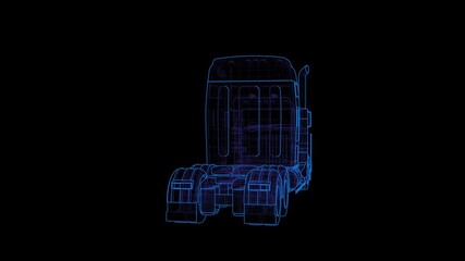 Futuristic 3D wireframe truck animation rotating 360 degrees on a black background. High-tech digital blueprint visualization of a semi-truck, perfect for logistics, transportation, technology. - Powered by Adobe
