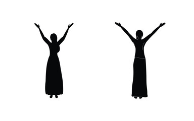 Two black silhouettes of women with arms raised wearing long dresses on a white background