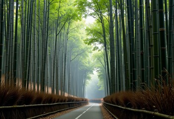 Scenic Roadway Through Towering Bamboo Forest with Atmospheric Mist and Verdant Greenery in a Serene Natural Landscape
