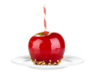 A shiny red caramel apple on a stick, a classic treat.