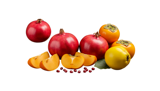 A vibrant and nutritious assortment of fresh pomegranates, ripe persimmons, and golden quince, beautifully arranged on a clean white background, showcasing healthy and delicious autumn fruits
