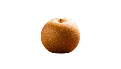 A single, fresh nashi pear, also known as an Asian pear, on a clean white background. Its golden-brown speckled skin and round shape promise a crisp, juicy, and healthy refreshment