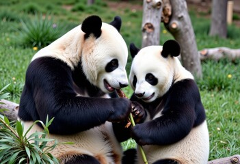 Obraz premium Two adorable giant pandas peacefully sharing a bamboo snack amidst lush green vegetation, showcasing their gentle nature and social behavior in a serene environment