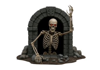 A skeletal figure emerges from a stone archway, radiating an eerie presence with glowing red eyes.