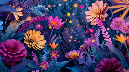floral fantasy A vivid illustration of whimsical flowers and vibrant foliage in a magical garden