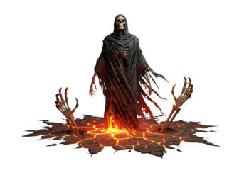 A skeletal figure in a dark cloak stands above a cracked lava floor, emitting an eerie and ominous mood.