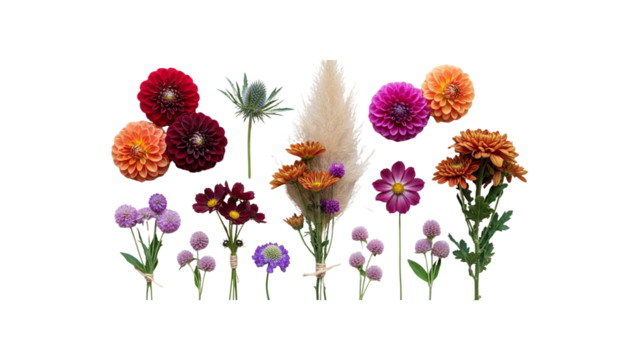 A diverse collection of colorful autumn flowers including dahlias, chrysanthemums, and pampas grass isolated on a pure white background - Powered by Adobe