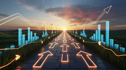 Futuristic road with upward arrows and financial graphs at sunset