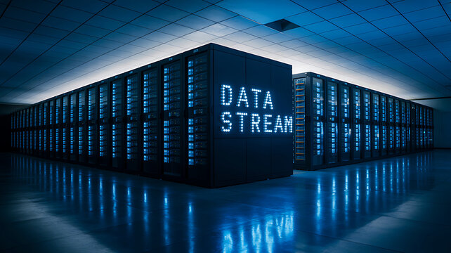 Futuristic data stream server room with blue neon lights - Powered by Adobe