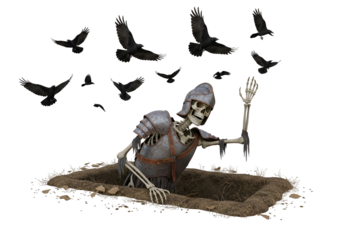 A skeletal warrior figure, clad in rusted armor, emerges from a dark grave, surrounded by ominous flying crows.