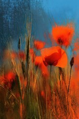 Obraz premium Vibrant Red Poppies in a Field at Sunset