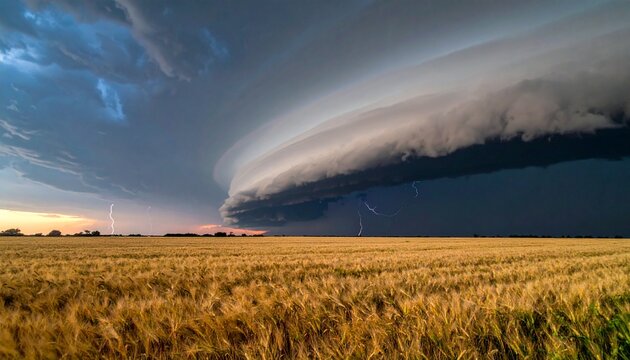 Dramatic supercell thunderstorm with lightning strikes illuminates a golden wheat field at sunset, capturing nature's raw power and breathtaking beauty across the vast prairie landscape