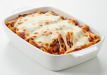 Baked Ziti with Mozzarella on Studio Clean White Background 