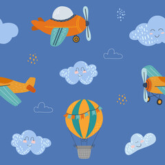 Seamless pattern kids, aircraft, and clouds. Suitable for kids backgrounds, baby textiles, and nursery wallpapers. Blue background with whimsical sky elements.
