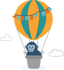 Monkey in hot air balloon in hand drawn, doodle style. Suitable for kids travel themes and adventure illustrations. 