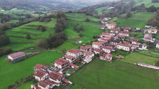 Aerial view of Amaiur village and its historic ruined castle at Nafarroa, Basque Country.