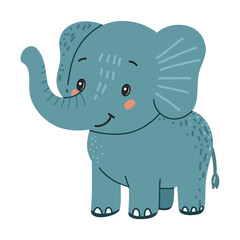 Elephant wild animal, cute baby elephant with raised trunk and smiling face in hand drawn, doodle style. Suitable for kids designs and animal themed decorations. White background.