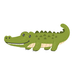 Crocodile wild animal with friendly smile in hand drawn, doodle style. Suitable for safari and jungle themed designs. White background.