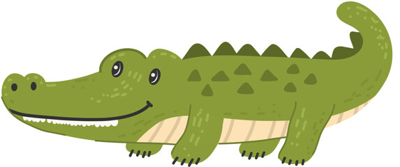 Crocodile wild animal with friendly smile in hand drawn, doodle style. Suitable for safari and jungle themed designs. White background.
