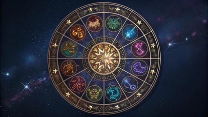Obraz premium Zodiac wheel design featuring constellation textures in a cosmic backdrop