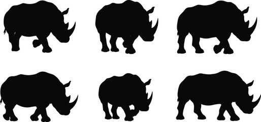 Rhinoceros, silhouette, black, animal, wild, jungle, horn, pose, illustration, vector, graphic, nature, wildlife, walking, standing, side view, front view, majestic, mammal, strong