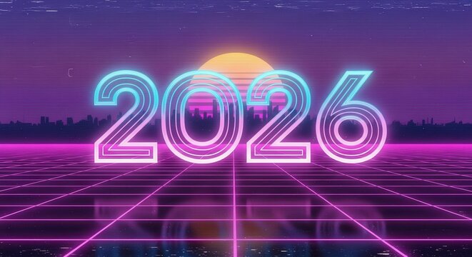 Retro futuristic synthwave background with the year 2026 in neon lights, set against a vibrant sunset and cityscape, evoking a sense of nostalgia and the future - Powered by Adobe