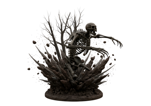 A dynamic, skeletal figure erupts from a shattered, dark earth base, surrounded by barren branches and dispersed debris.