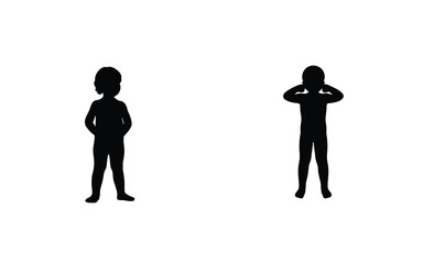 Two silhouettes of children against a white background one with hands on ears and one with hands behind