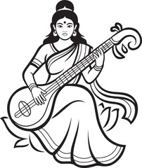 Goddess Saraswati Playing Veena Line Art Vector
