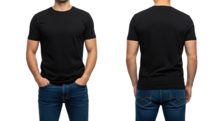Athletic male model, mid-20s, in black t-shirt and dark blue jeans, front and back views, neutral pose on a white studio background with copy space, e-commerce product display concept
