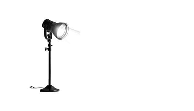 A single, adjustable, black studio light on a stand illuminates a dark background with a bright, slightly diffused beam
