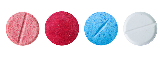 collection of colorful pills isolated on white background
