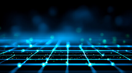 Digital grid network with glowing blue nodes and connections on a dark background