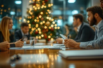 Business team in meeting with decorated christmas tree in background