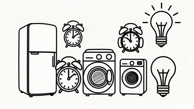 Connected via Wi-Fi smart home appliances doodle outline animation. IoT fridge, washing machine, alarm clock, speaker, lightbulb animated sketch 2D concept isolated on white. 4K motion graphic