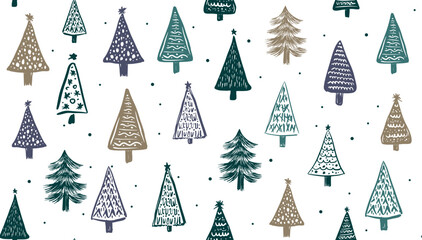 Christmas white tree pattern on white, hand drawn illustration on white	
