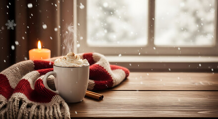 Cozy hot chocolate with whipped cream and cinnamon stick by a warm candle and snowy window