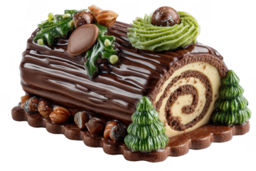 Chocolate yule log cake swiss roll holiday dessert icing frosting spiral festive nuts holly evergreen