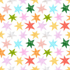 Seamless pattern with colorful stars. Simple hand drawn doodles. Bright abstract design. Playful decorative illustration.