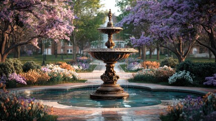 College tour, Ornate fountain colorful spring flowers in garden clear campus photorealistic.