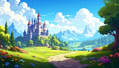 Majestic castle nestled in vibrant valley