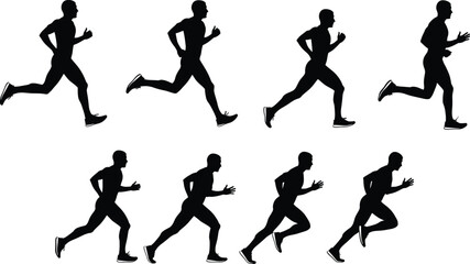 Running silhouette sequence, human motion study, biomechanics breakdown, athletic stride, sports training, animation reference, black figure, sprint, exercise, posture
