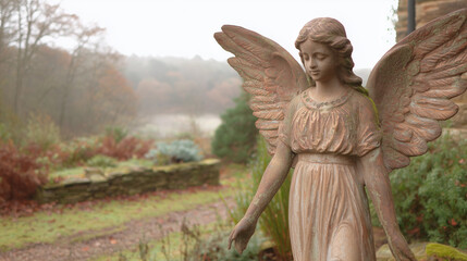 Beautiful angel sculpture stands gracefully in autumn garden setting
