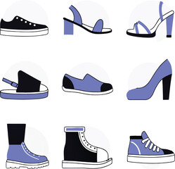 Collection of Diverse Footwear Styles on White Background Keywords: shoes, footwear, sneakers