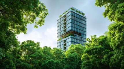 Contemporary office tower rises above lush green trees, symbolizing harmony between business growth and environmental sustainability, conveying prosperity and achievement 
