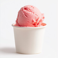 Delicious pink berry ice cream served in a white cup on a light background